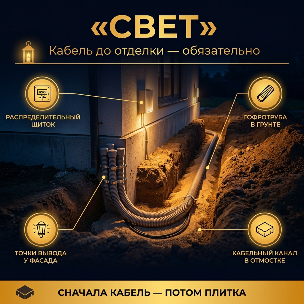💡 Свет на участке: почему кабель кладут до плитки, а не после