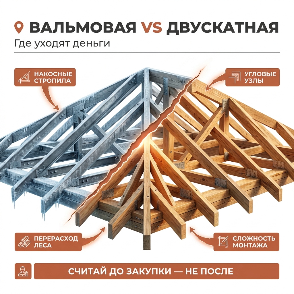 🏗️ Стропильная система: чем вальмовая крыша отличается от двускатной по деньгам
