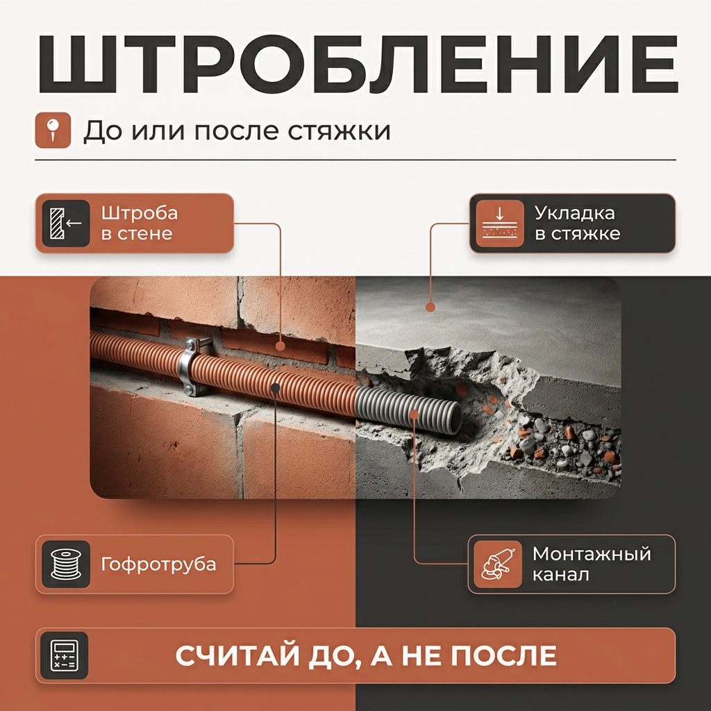 🔗 Штробление под проводку: до стяжки или после — что дешевле переделать