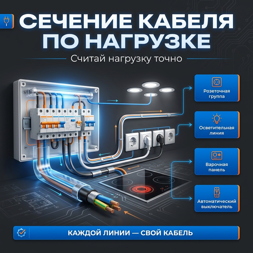 🔌 Сечение кабеля по нагрузке: считаем розетки, свет, варочную панель отдельно