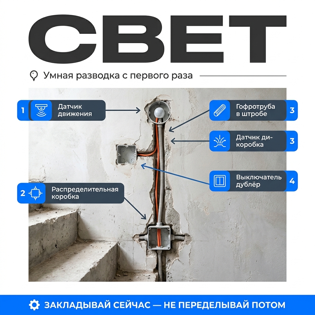 💡 Свет на лестнице: почему датчики движения надо закладывать на этапе черновой разводки, а не после