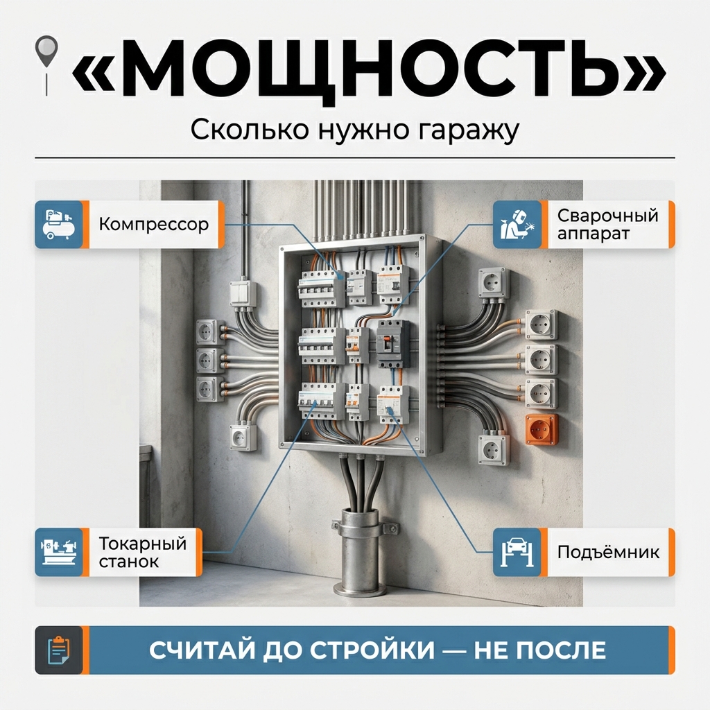 🚗 Гараж и мастерская: сколько мощности закладывать под инструмент, чтобы не сидеть в темноте с выбитым автоматом