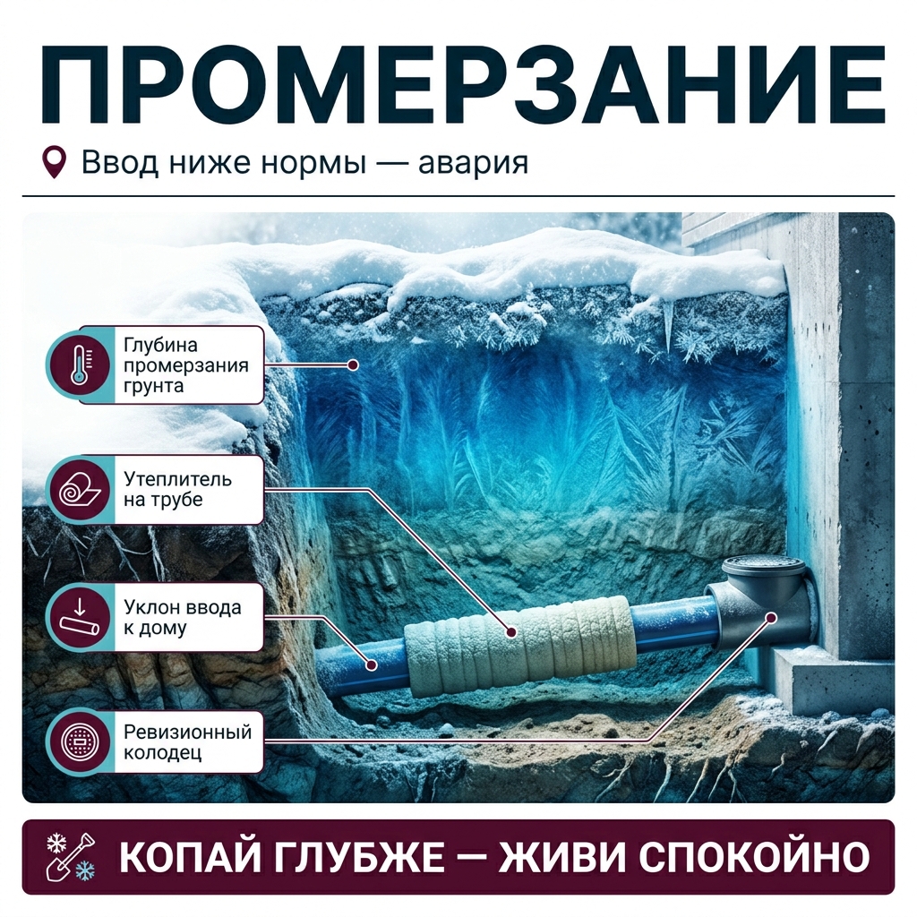🚰 Глубина промерзания труб: почему ввод меньше нормы — риск на всю зиму