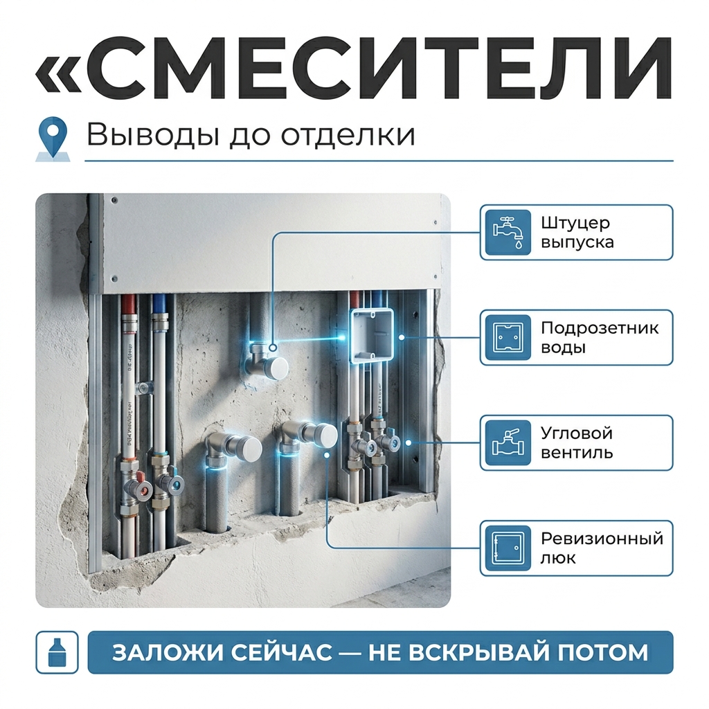 ⚙️ Смесители и точки разбора: где вывести воду, чтобы потом не долбить плитку